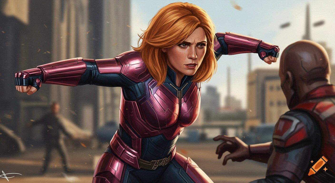 A superhero woman in a pink and dark suit fights a bald man in a city.