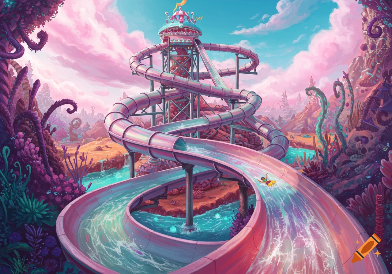 A person slides down a giant, swirling water slide in a vibrant, alien landscape with pink clouds and strange purple plants.