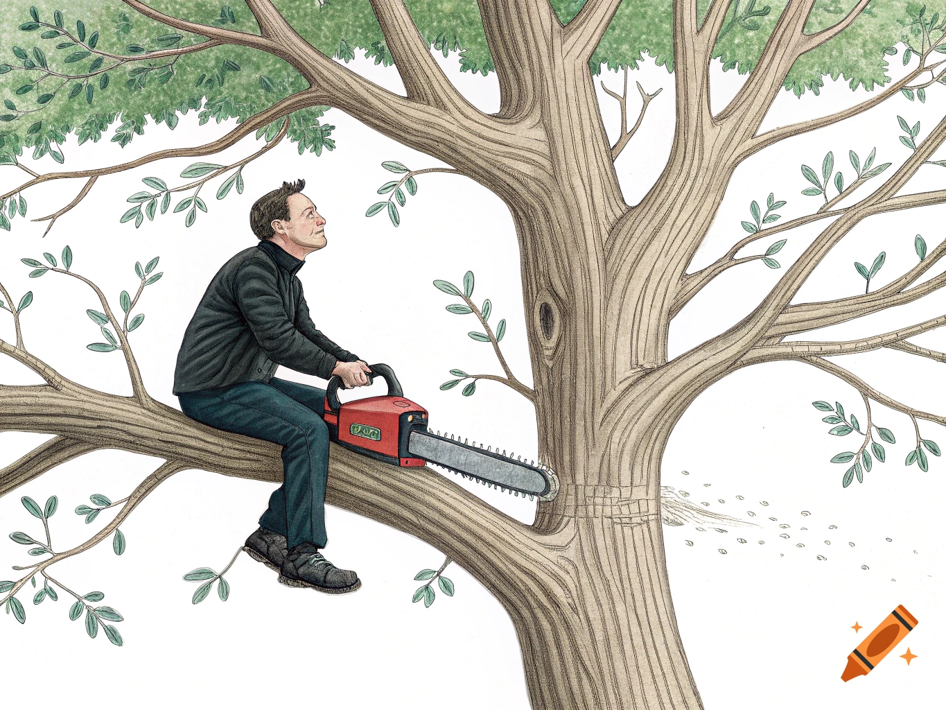 Stylized drawing of a man sitting on a tree branch, cutting it with a red chainsaw.