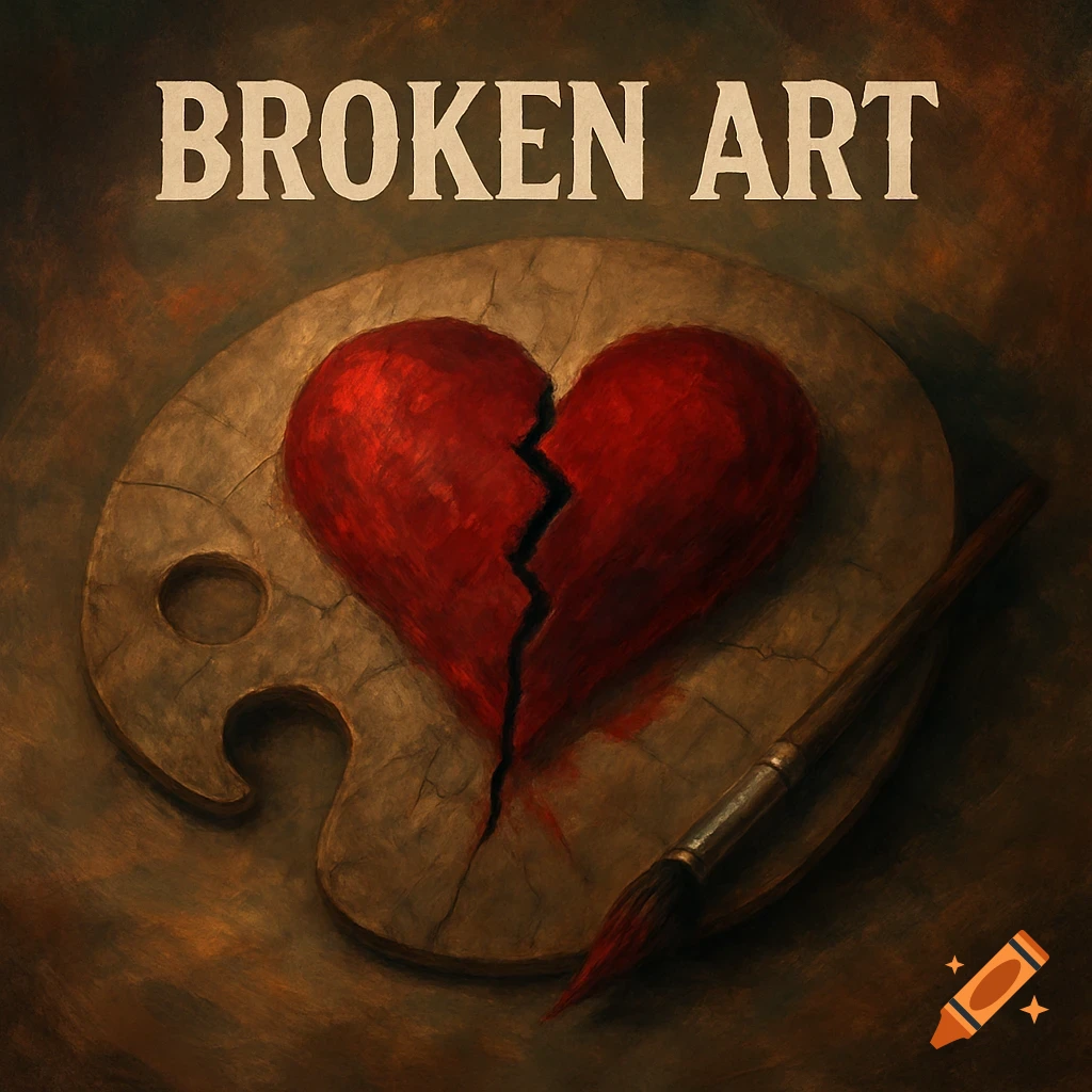 A broken red heart lies on an artist's palette next to a brush. Text above reads 'BROKEN ART'.