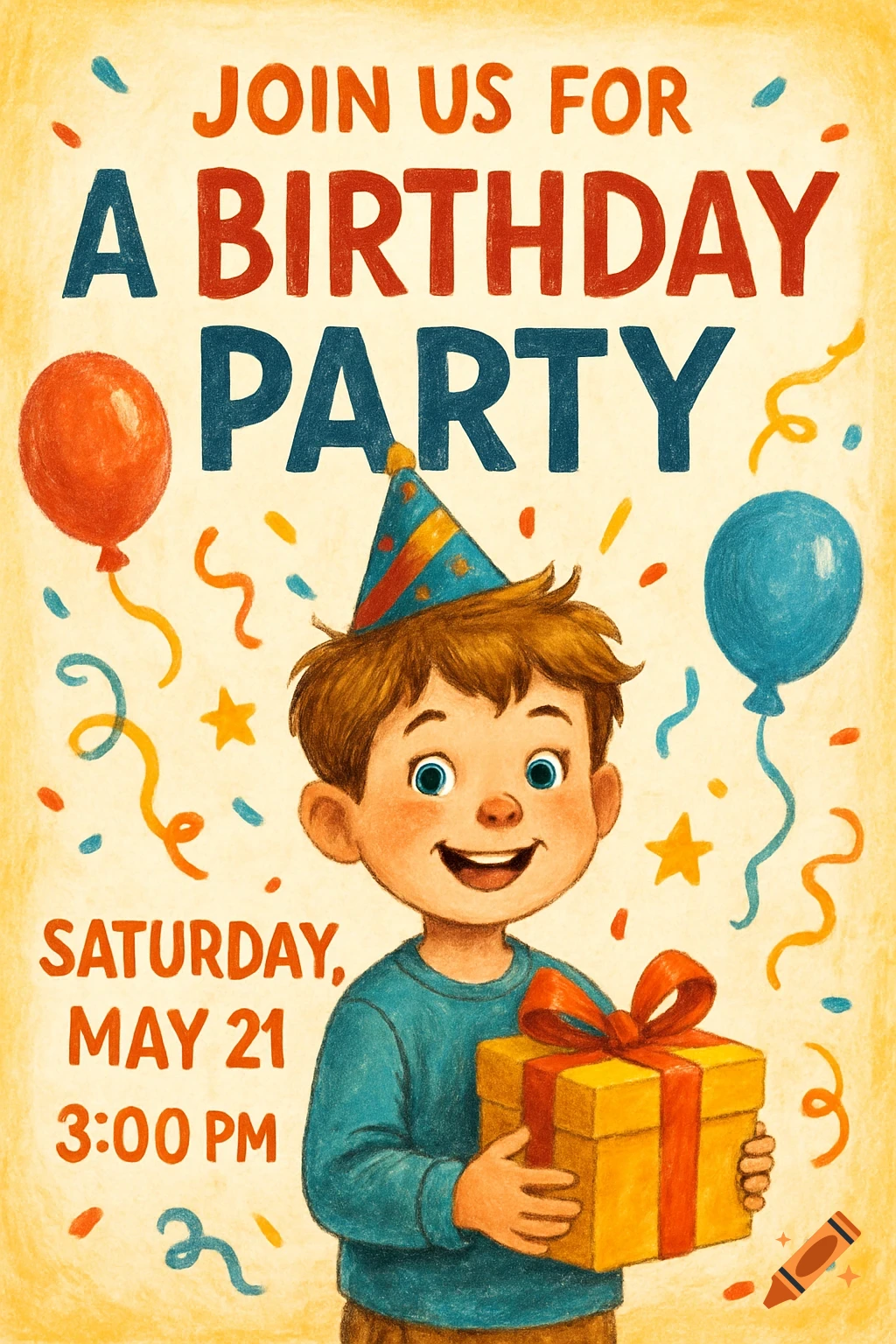A boy holding a gift on a birthday invitation with text, balloons, and confetti, in a crayon illustration style.