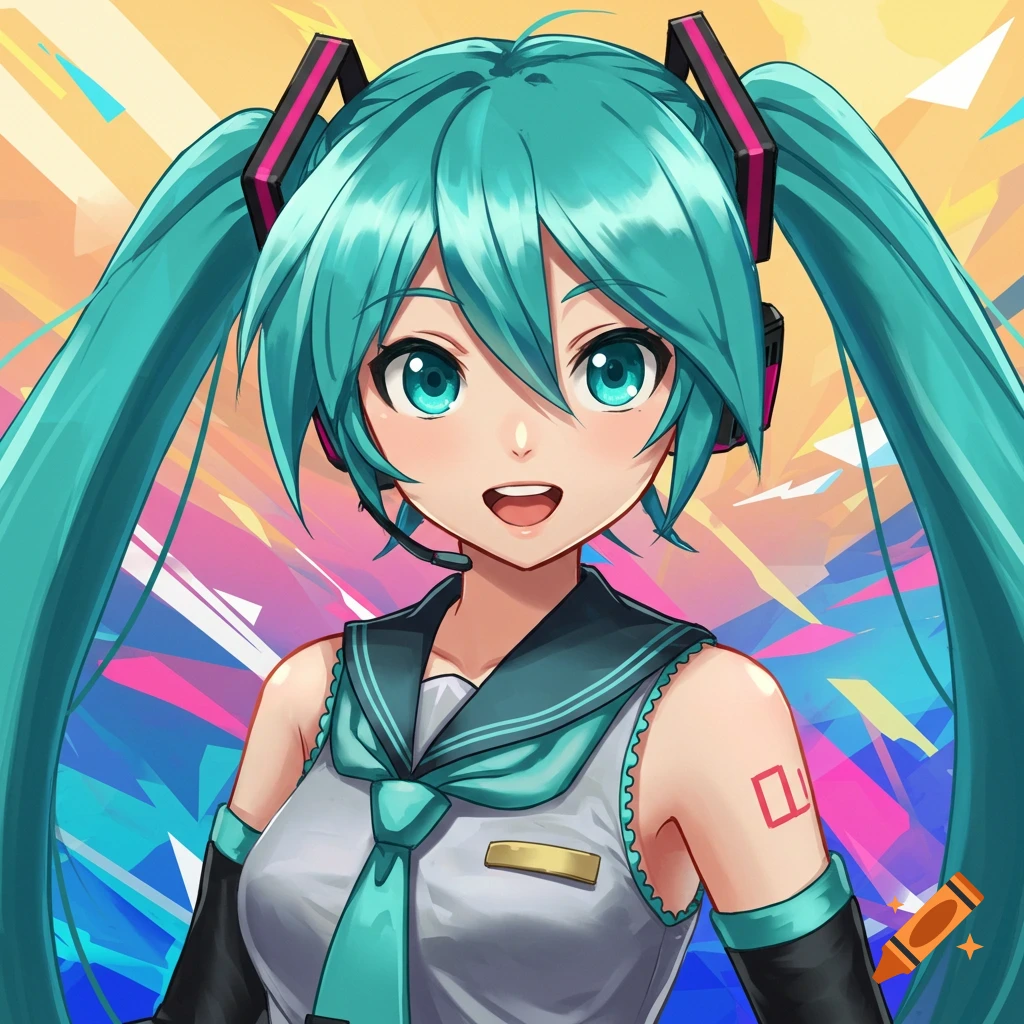 Anime portrait of Hatsune Miku with teal pigtails, wearing a sailor uniform and headphones against a colorful background.