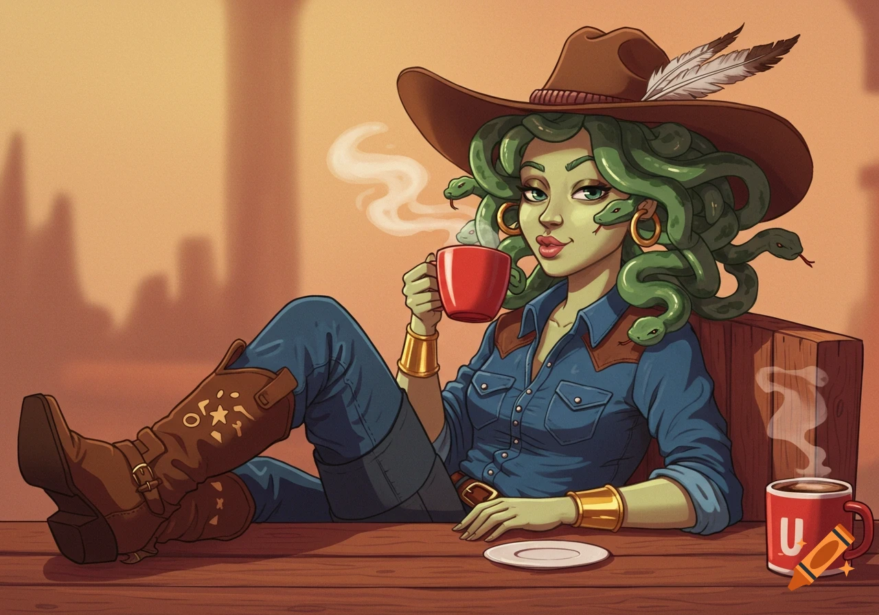 Cartoon illustration of Medusa as a cowgirl sitting at a bar and drinking coffee.