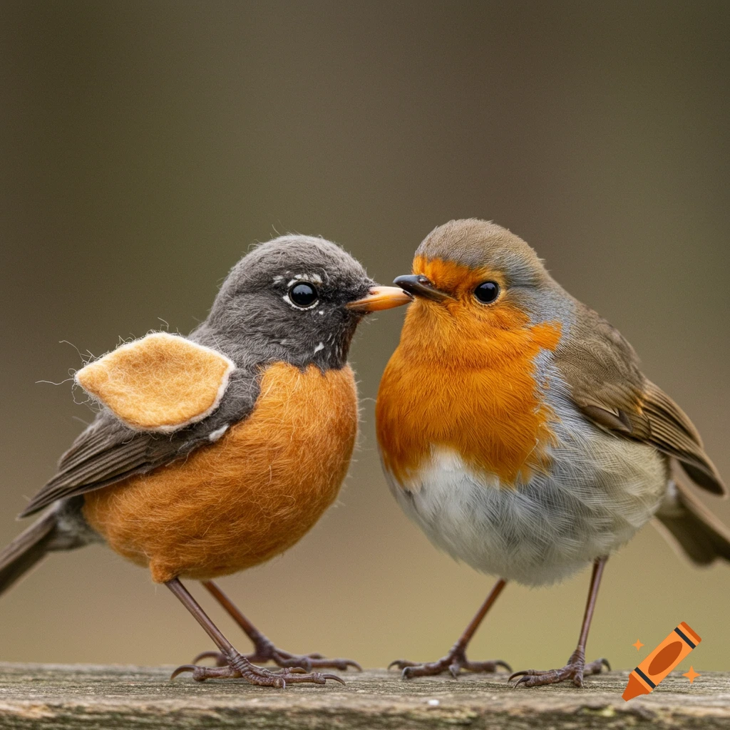 A stuffed robin next to a real robin on a wooden surface, photorealistic.