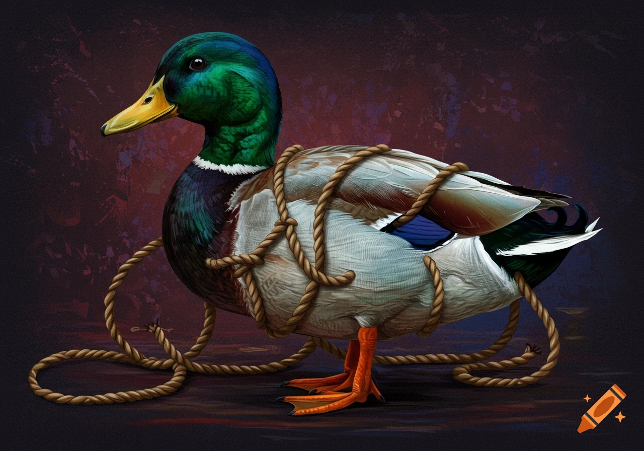 A mallard duck tightly bound by rope against a dark background.