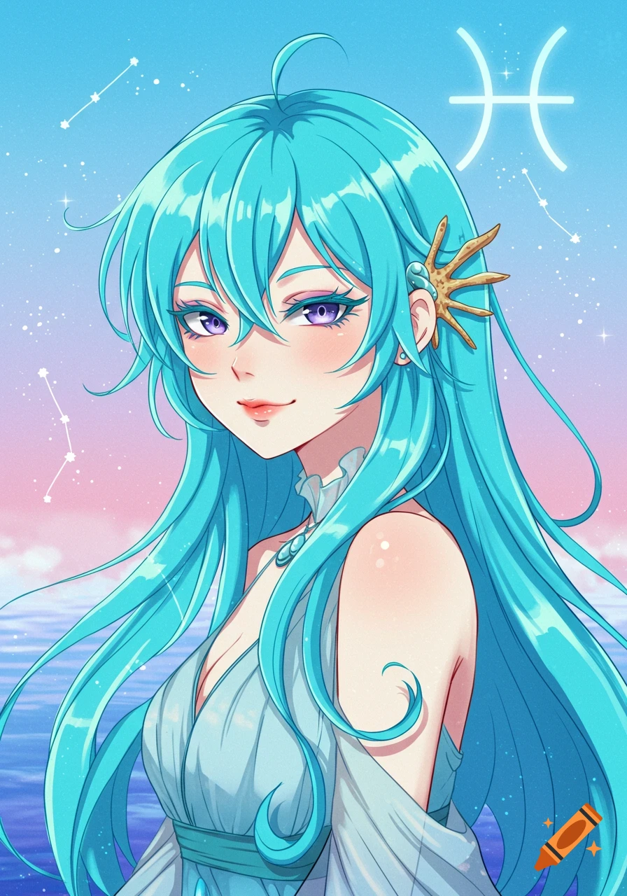Anime portrait of a girl with blue hair representing Pisces zodiac sign, with symbol and constellations.