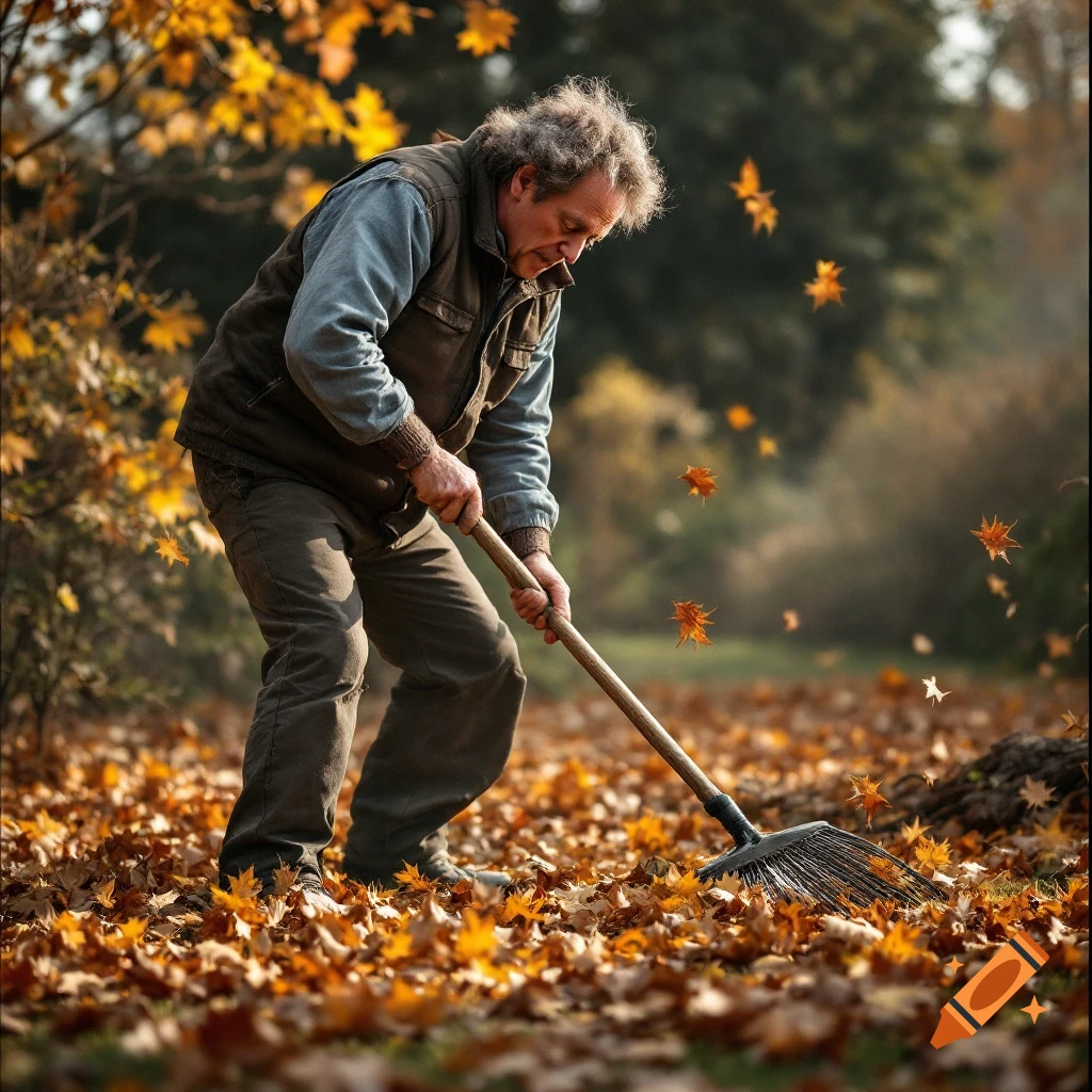 Man raking autumn leaves in a backyard, photorealistic style.