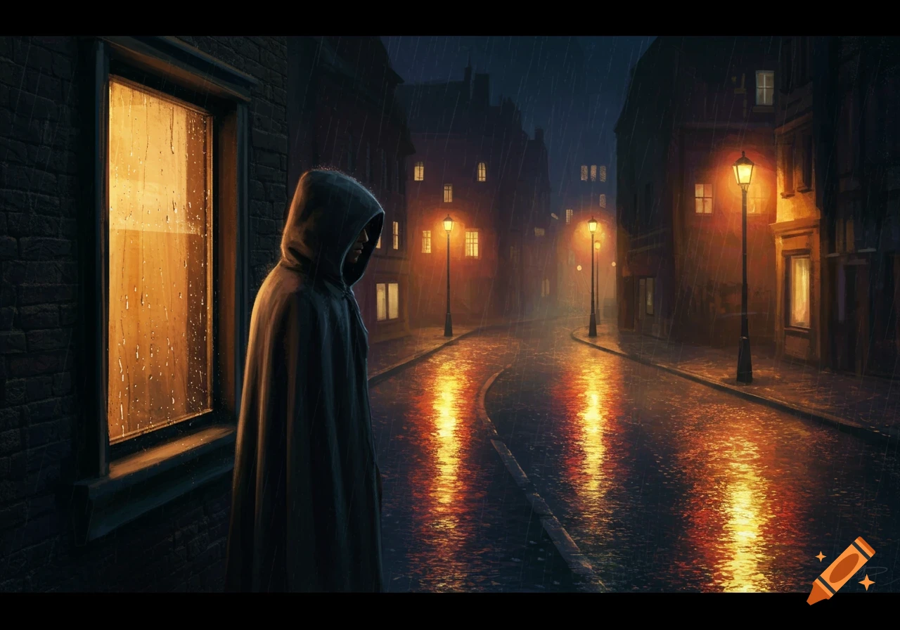 A hooded person stands beside a building looking down a rainy street at night illuminated by lamp posts.