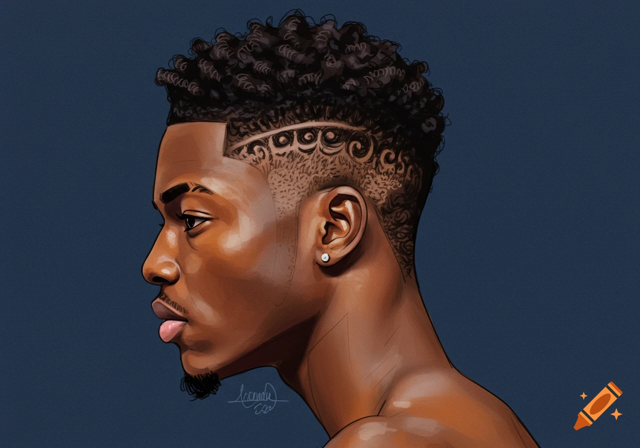 Illustration of a person with a fade haircut and curly hair with designs shaved into the side.