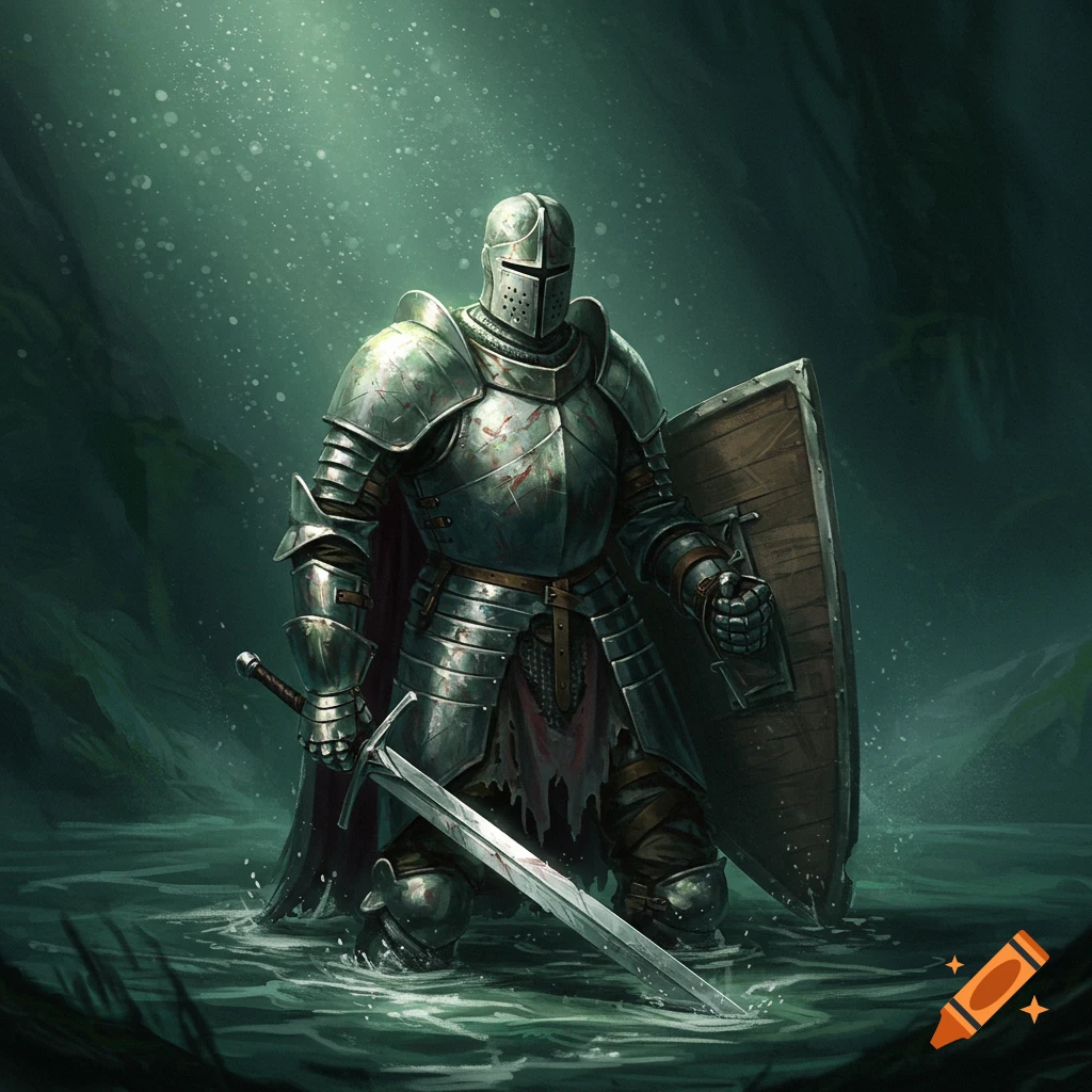A knight in damaged armor stands in water holding a shield and sword.
