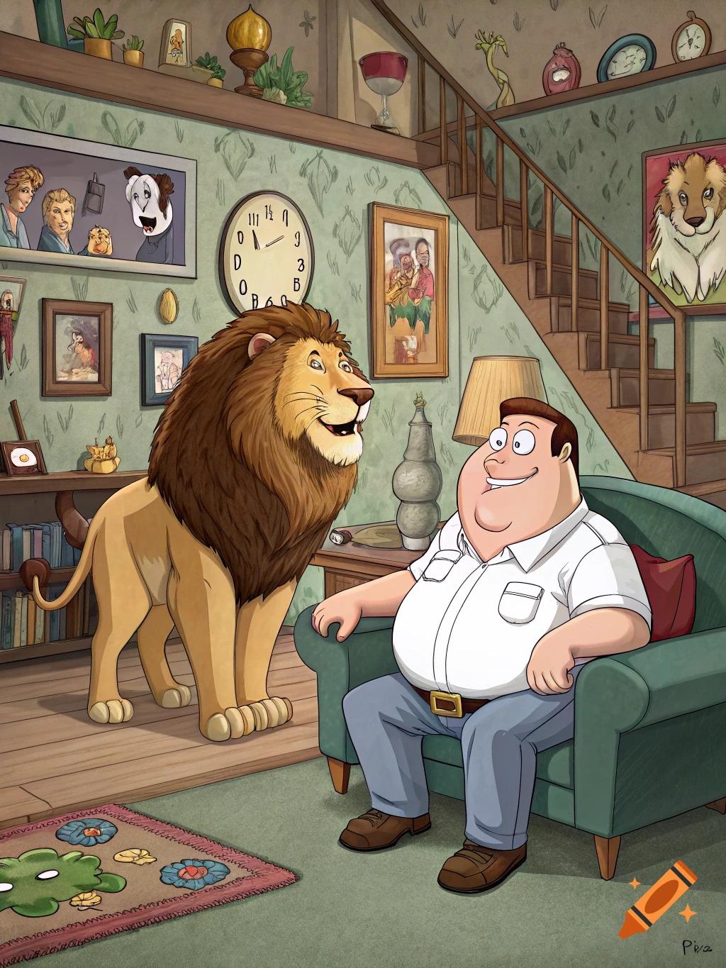 Cartoon of Peter Griffin sitting in a chair next to a standing lion in a living room.
