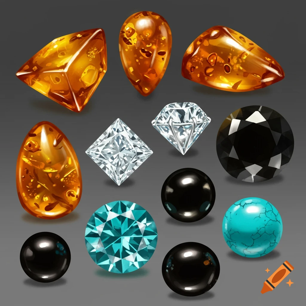 A collection of amber, diamond, onyx, pearl, and turquoise gemstones.