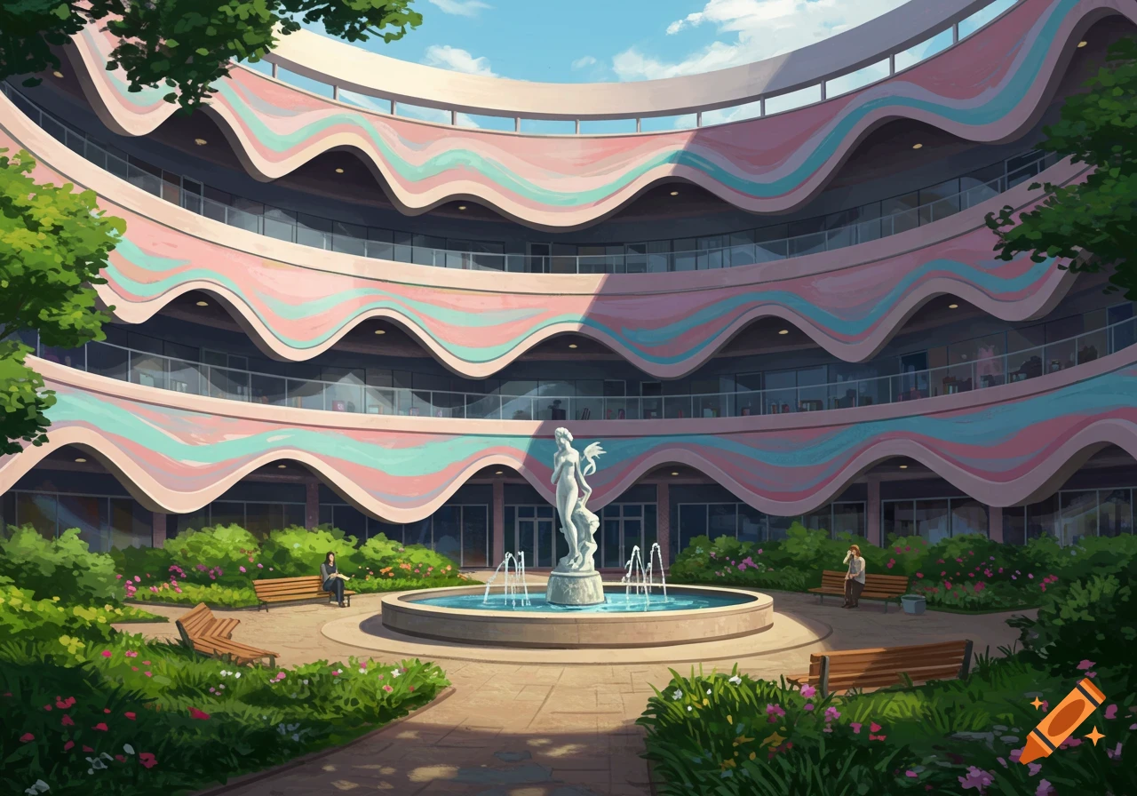 A circular building with wavy pink and blue stripes overlooks a park with a fountain and statue.