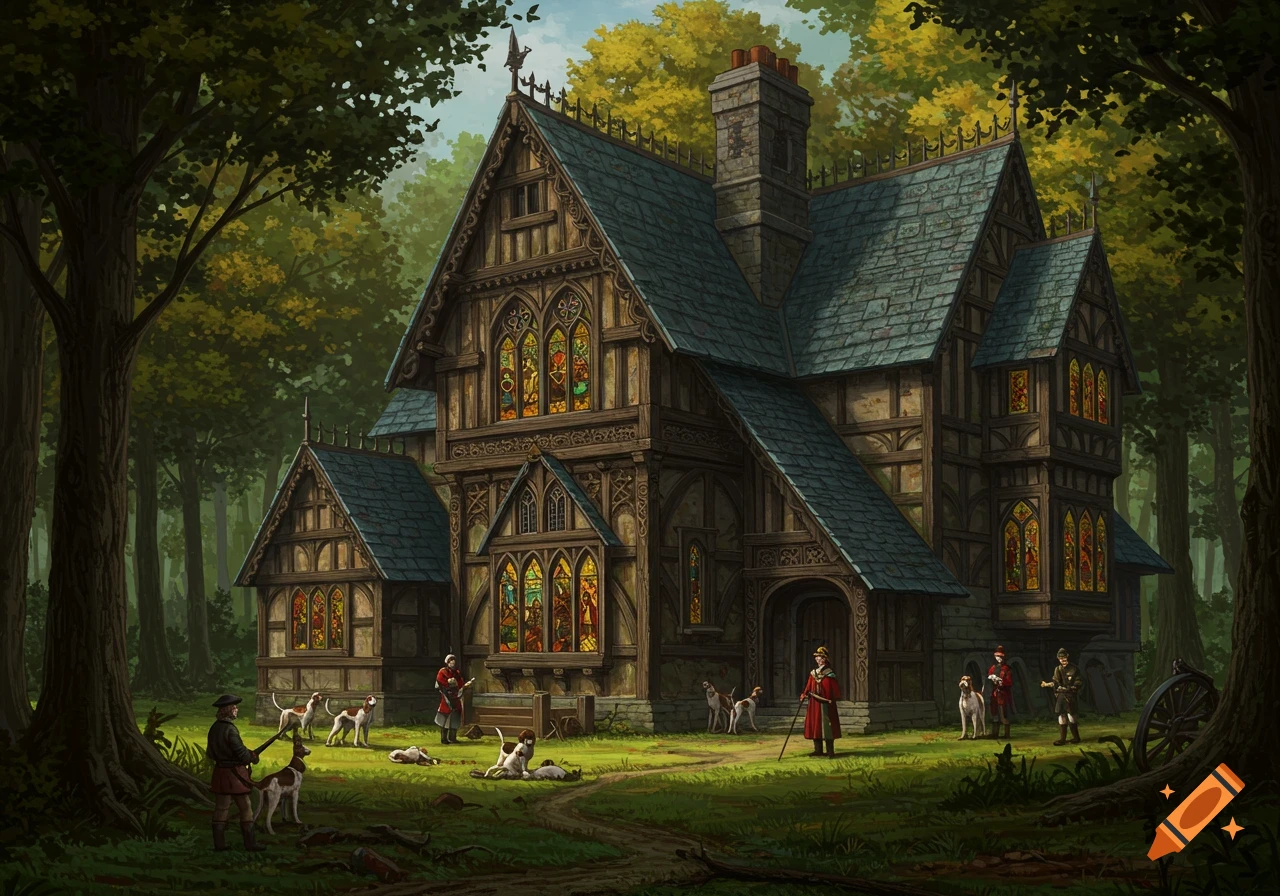A medieval royal hunting lodge in a forest with hunters and dogs.