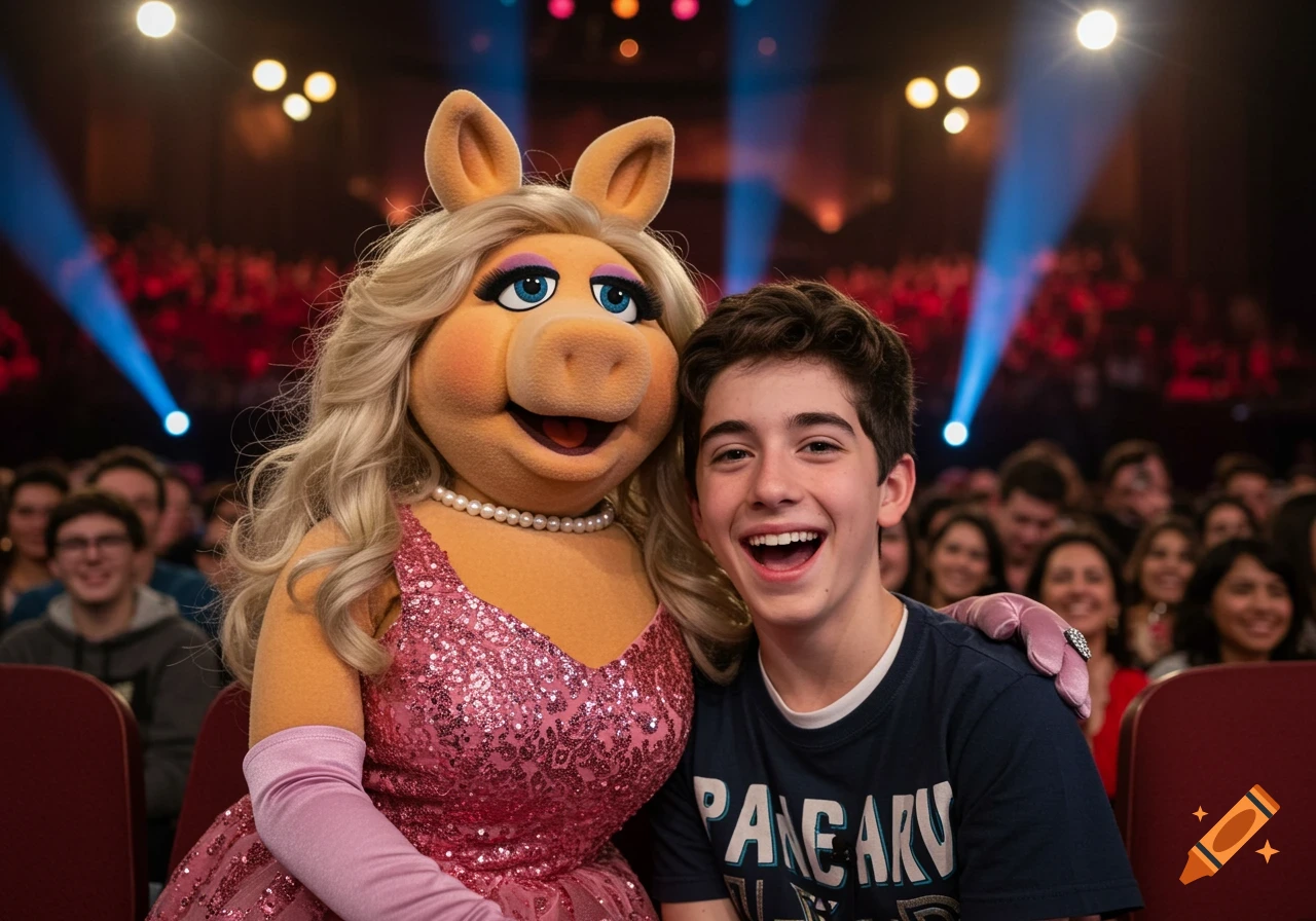 Miss Piggy in a pink sequined dress with pearls sits with her arm around a smiling teenage boy in a theater setting.
