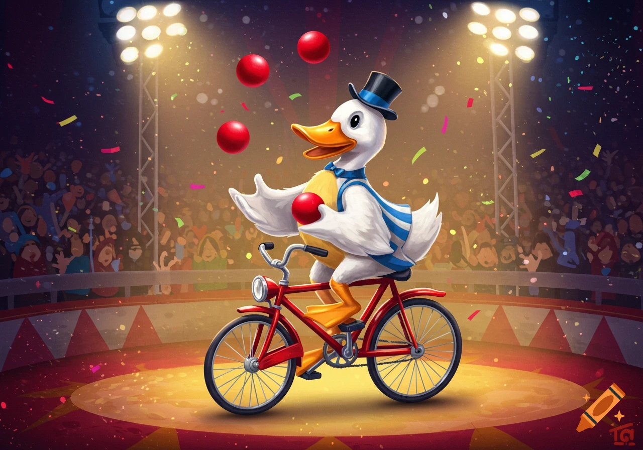 A cartoon duck in a top hat juggling red balls while riding a bicycle on a circus stage.