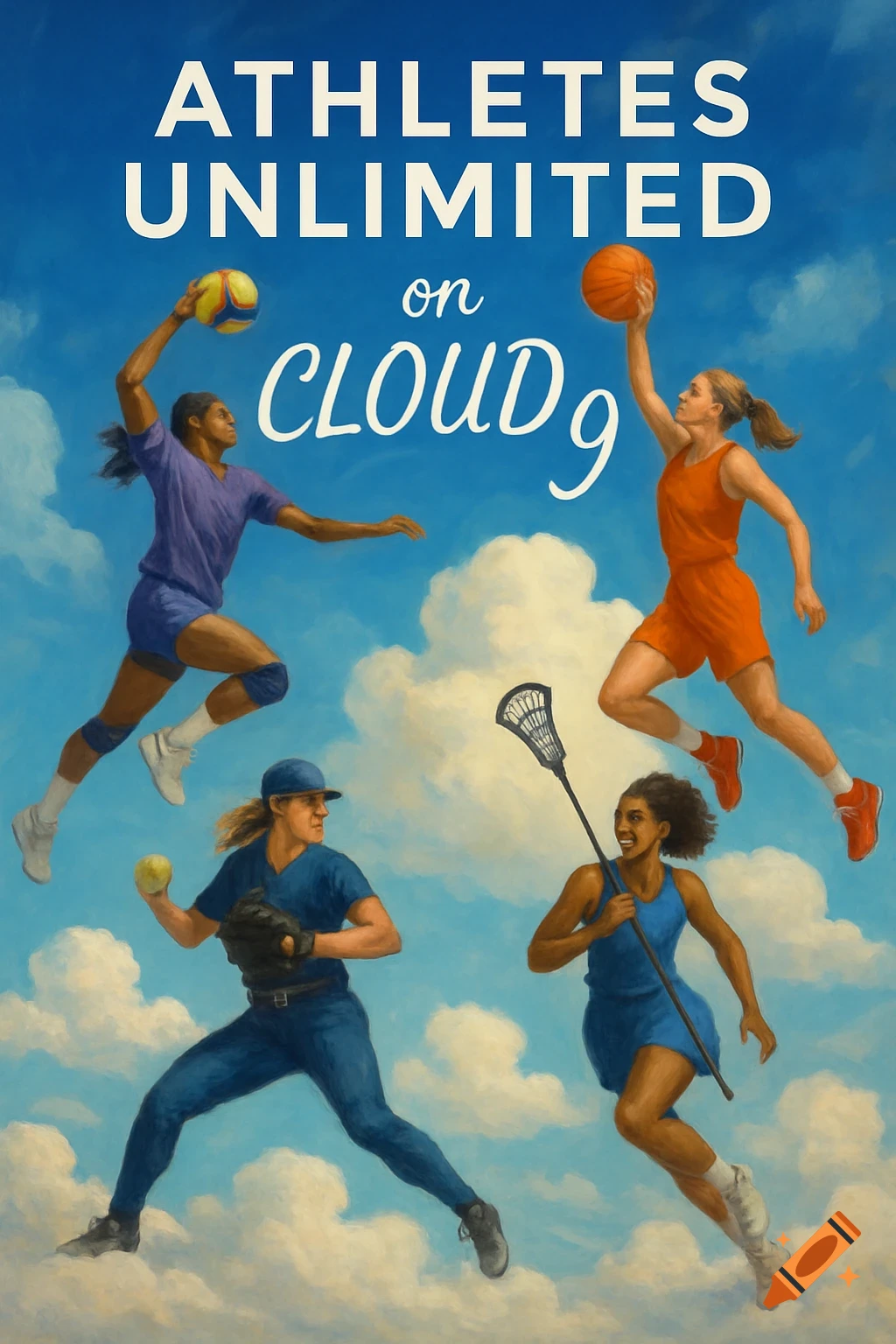 Athletes playing various sports like volleyball, basketball, softball, and lacrosse on clouds with text overlay.