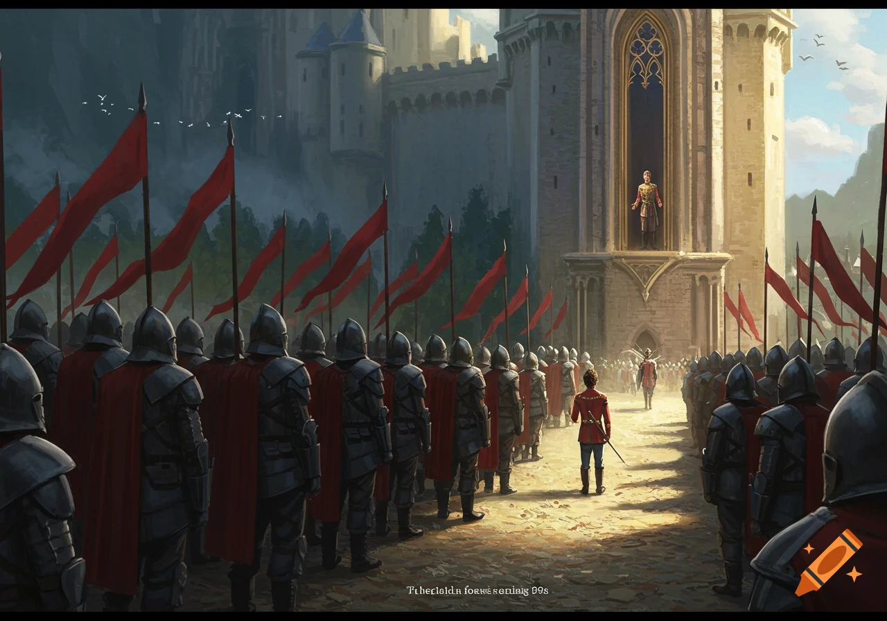 Rows of armored soldiers with red capes stand before a castle. A young man looks up at a figure on a high window.