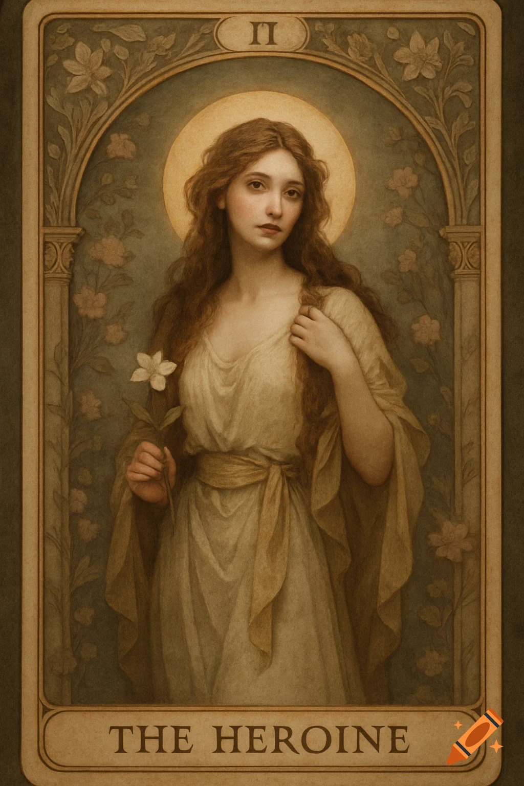 A romantic ethereal woman depicted as a tarot card titled 'THE HEROINE' with the Roman numeral II.