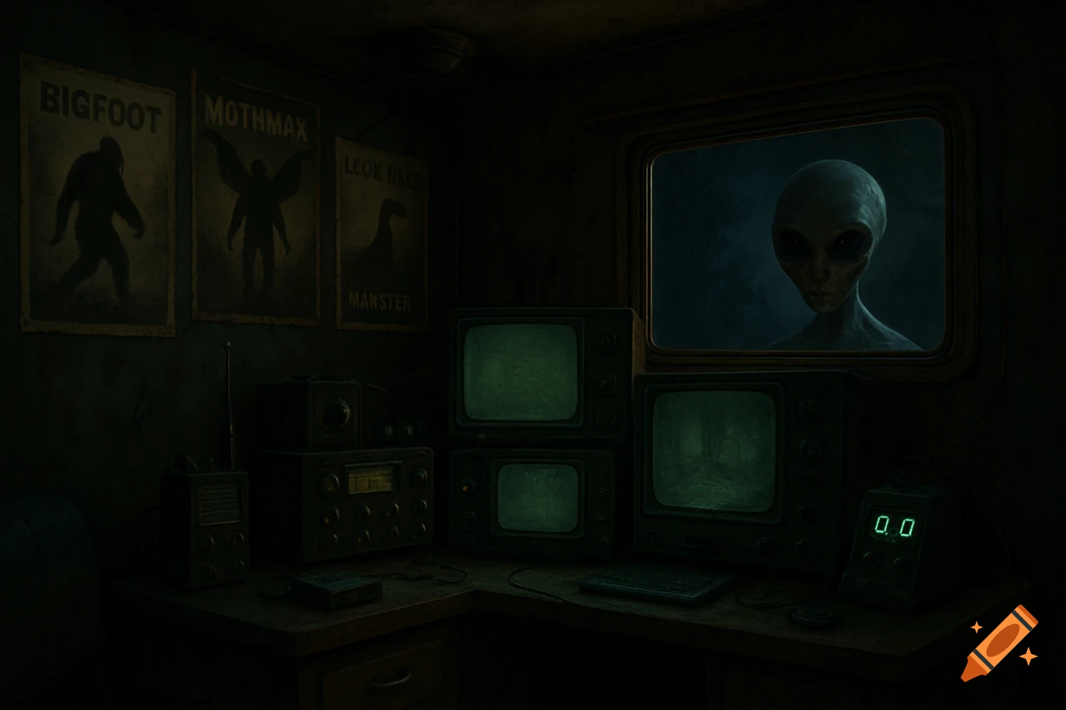 Inside a dark RV with paranormal equipment, monitors, cryptid posters on the wall, and an alien peering through the window.