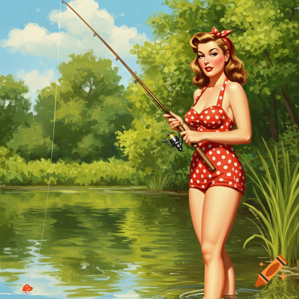 A 1950s pin-up style illustration of a woman in a red and white polka dot swimsuit fishing in a lake.