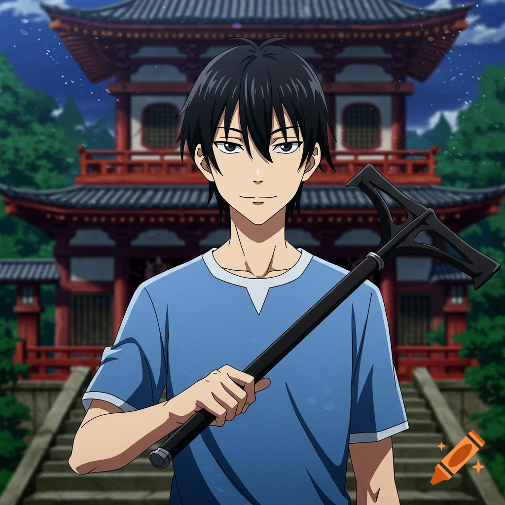 Anime character Yoshimori Sumimura holding a tool in front of a temple.