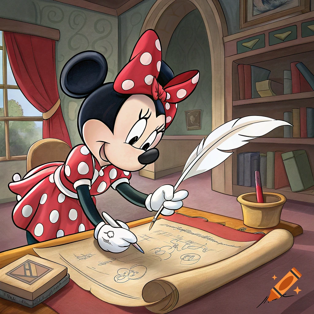 Minnie Mouse writes with a quill on parchment in a library.