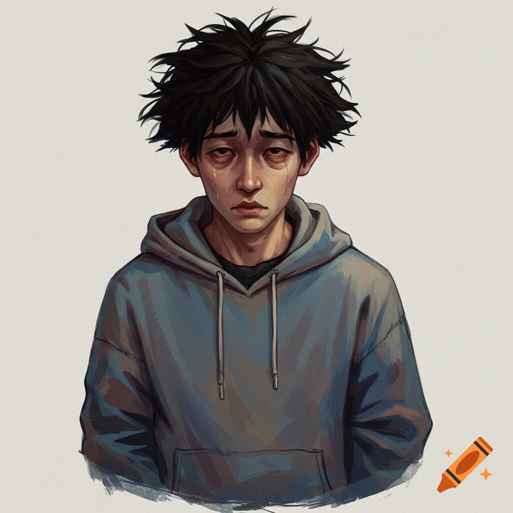 Digital illustration of a sad young man in a grey hoodie, crying.