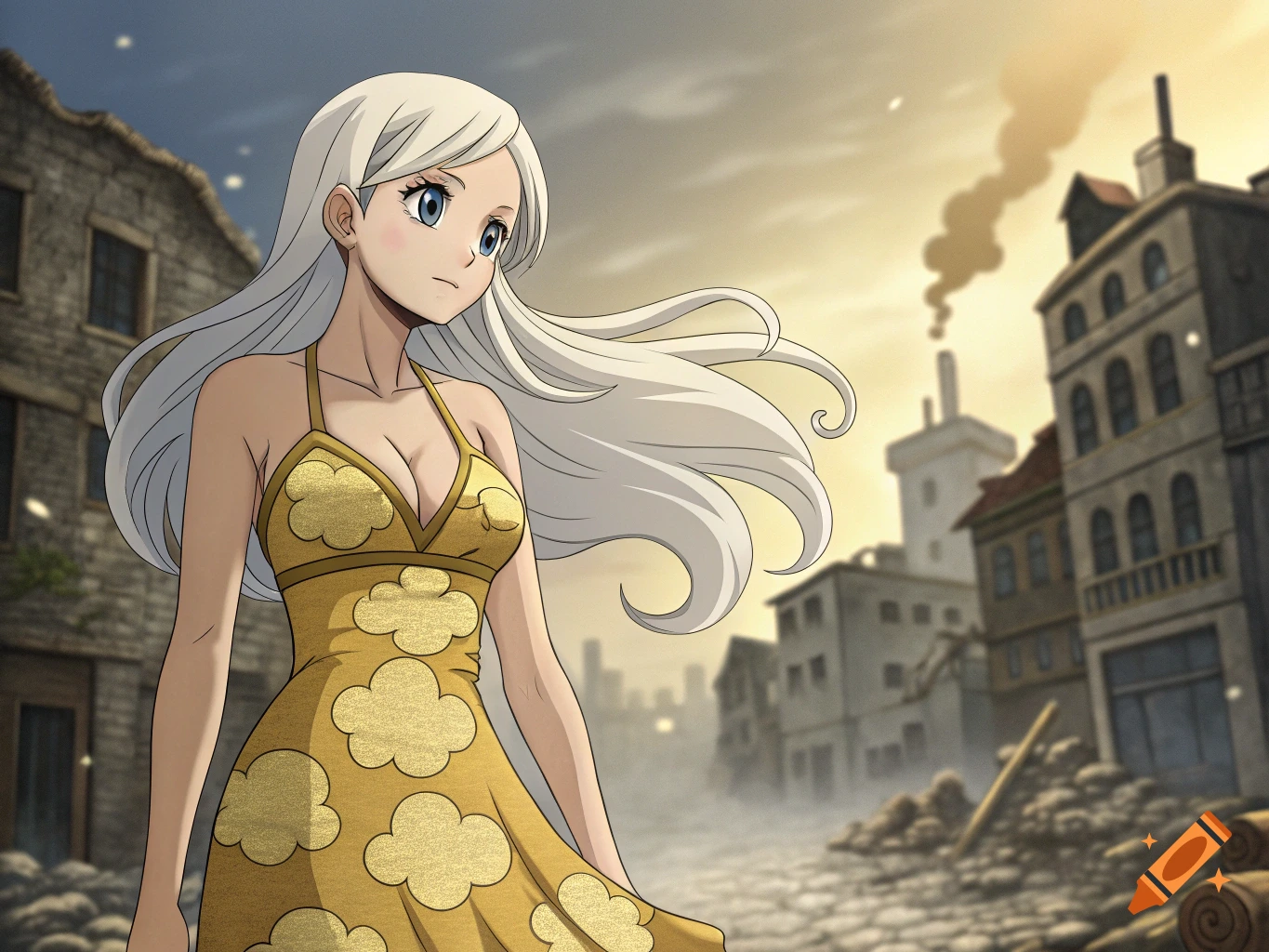 Female anime character with white hair in golden dress stands in a ruined town.