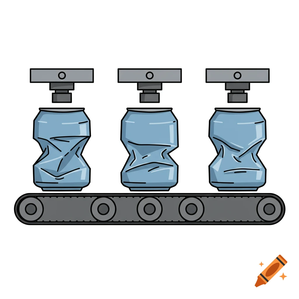 Flat illustration of blue cans being crushed by presses on a conveyor belt.