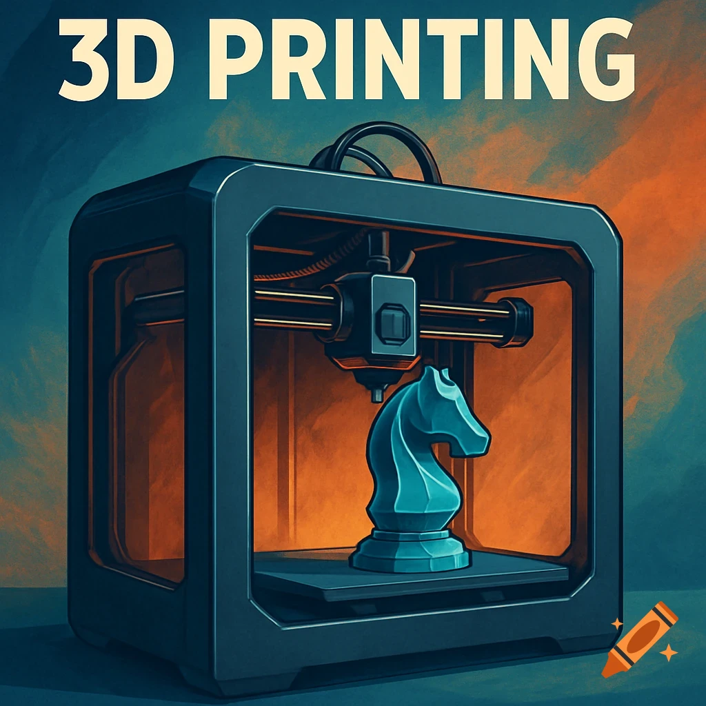3D printer creating a blue chess knight piece with '3D PRINTING' text above