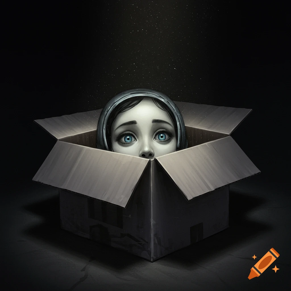 A head with wide blue eyes looks out of a cardboard box in a dark, moody illustration.