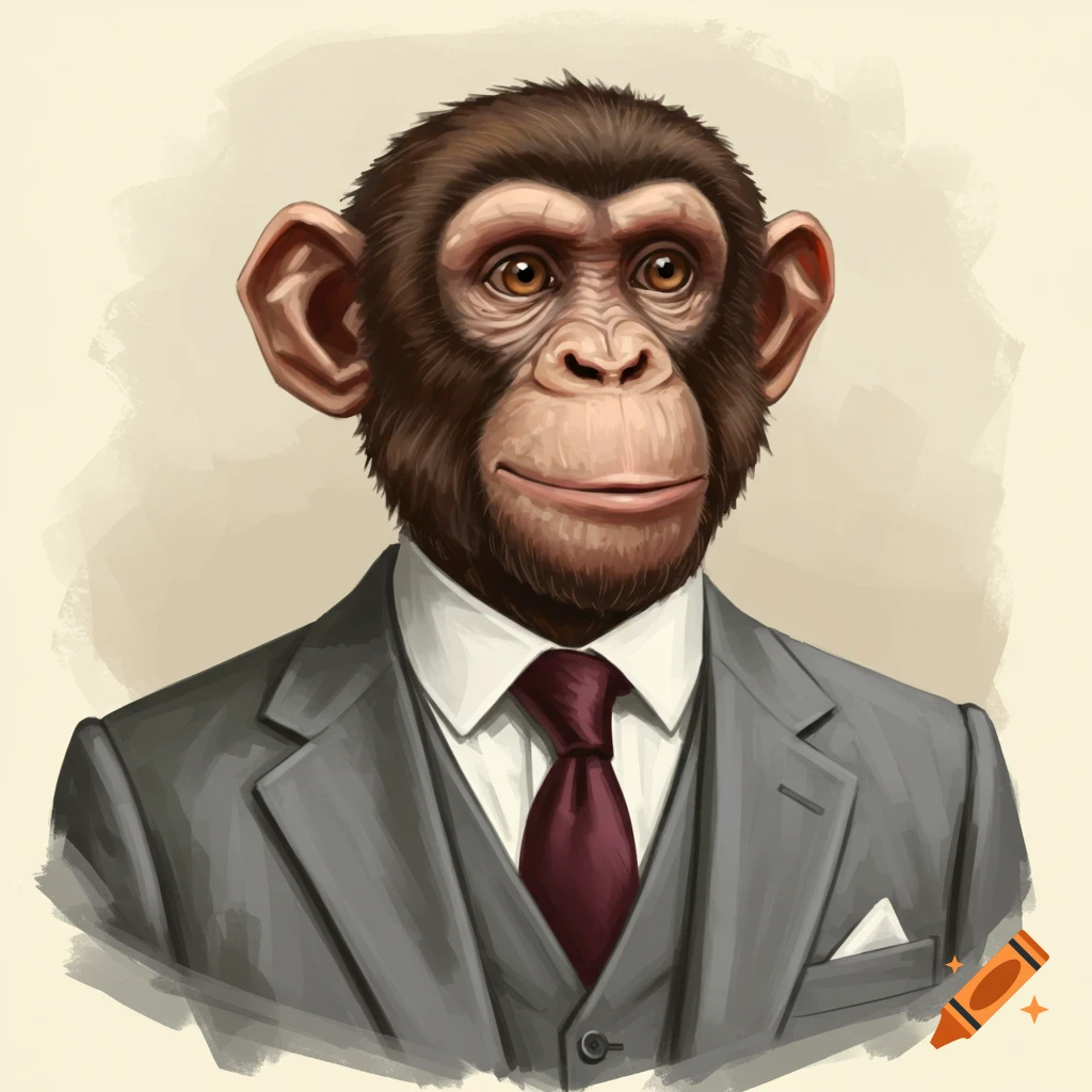 Digital painting of a chimpanzee wearing a grey suit and red tie.