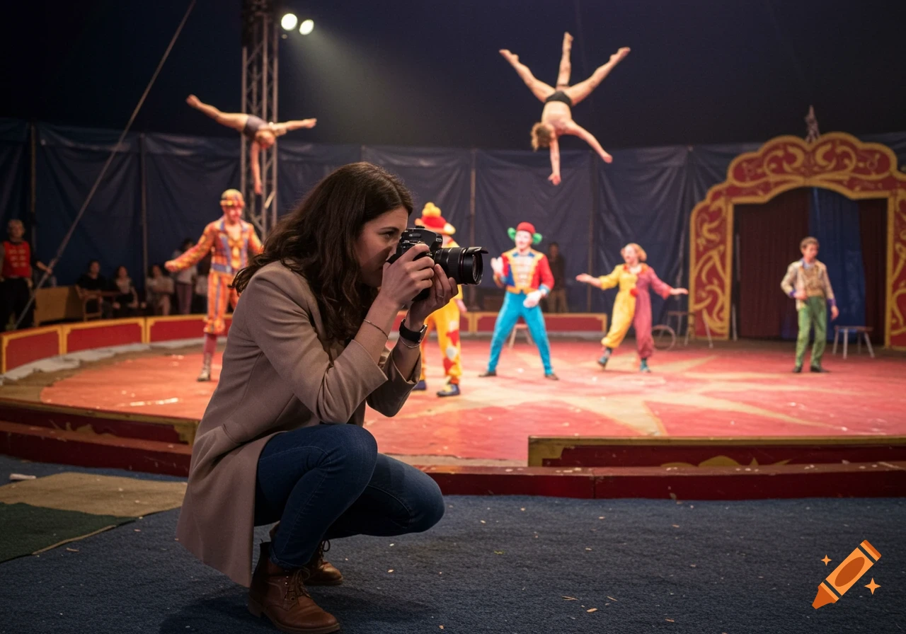 A journalist crouches taking a photograph of performers in a circus tent.