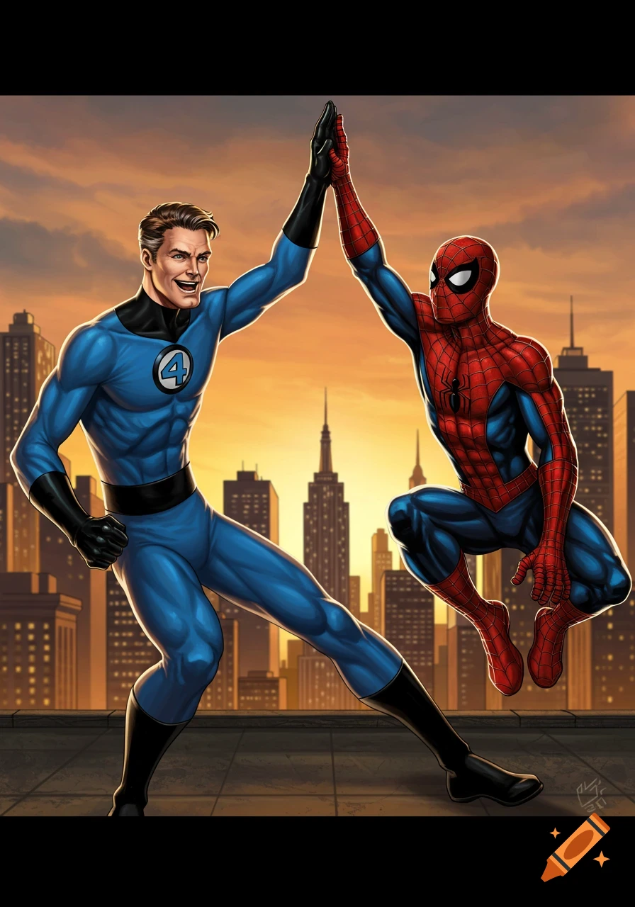 Mr. Fantastic and Spider-Man high-five on a rooftop overlooking a city at sunset in a comic book style illustration.