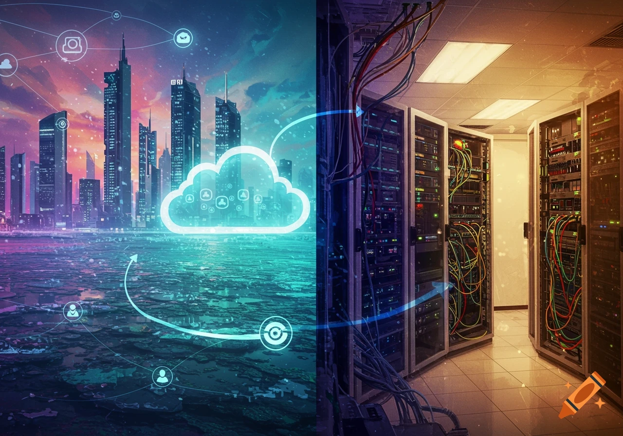 Stylized illustration split between a futuristic cityscape with a cloud icon and a data server room.
