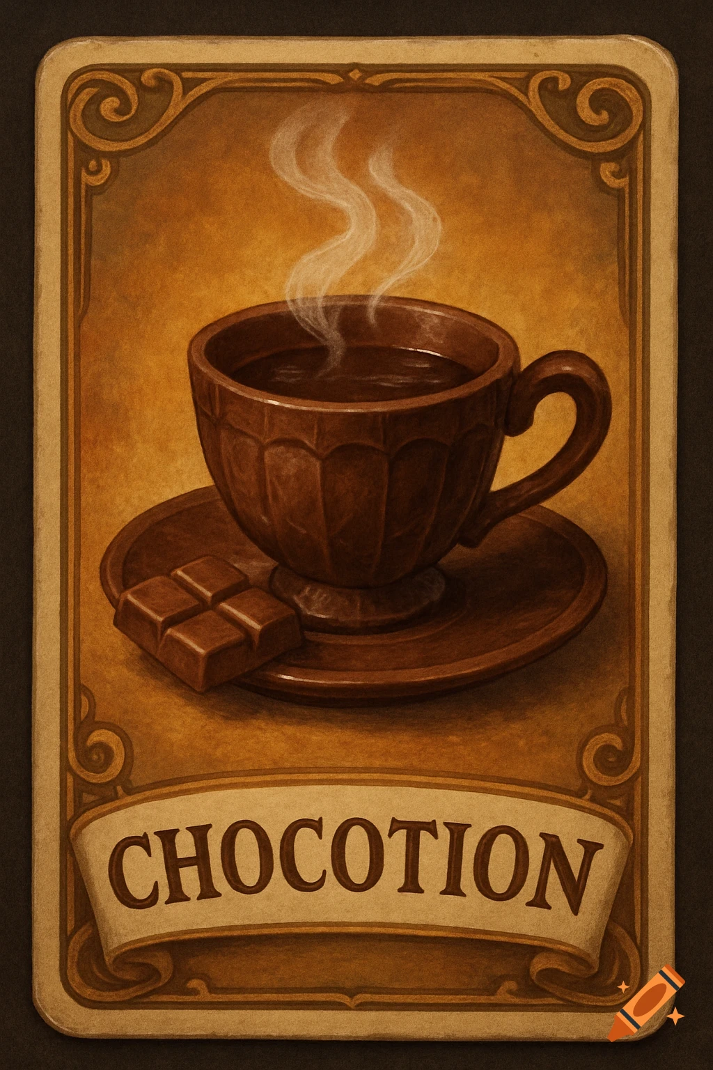 Illustration of a cup of hot chocolate with a chocolate bar on a saucer, framed with a vintage border and 'CHOCOTION' text.