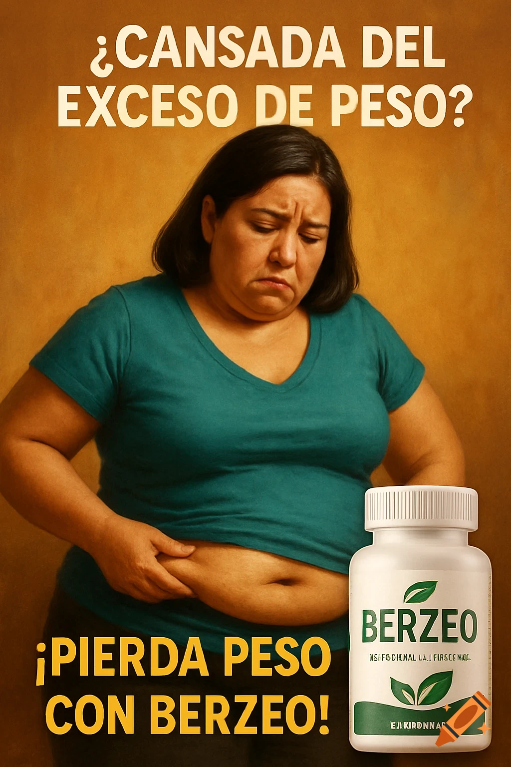 Advertisement for weight loss product BERZEO showing a sad woman holding her stomach
