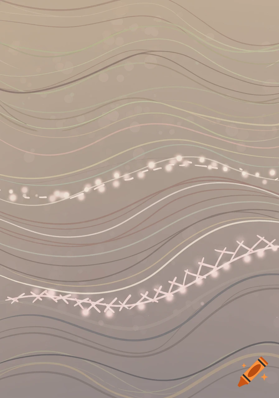 Abstract background with wavy lines in various colors and glowing dots on a brown gradient.