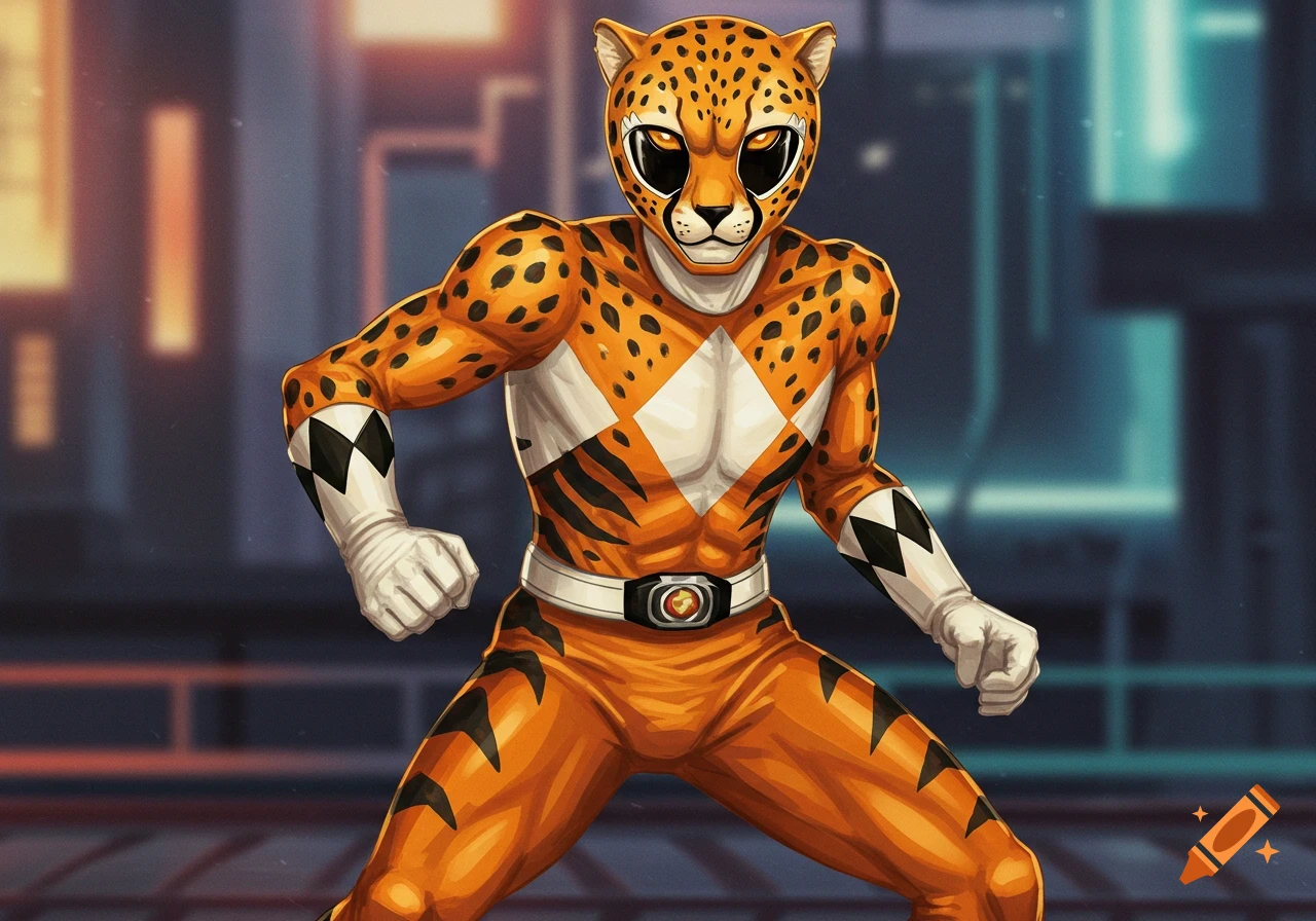 Person in a cheetah Power Ranger suit posing in a cityscape