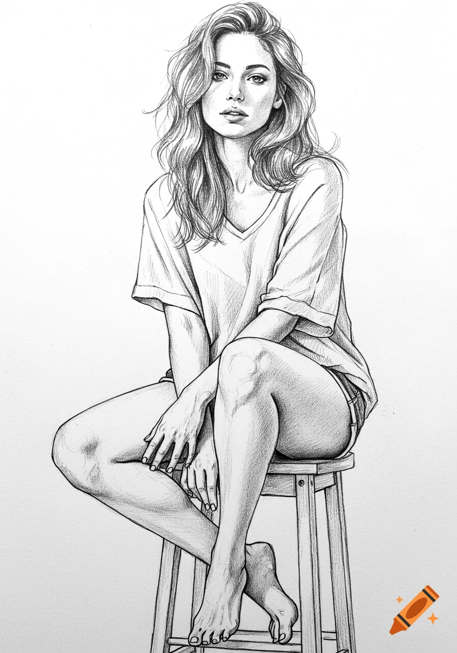 Realistic pencil sketch of a woman sitting on a stool, wearing a t-shirt and shorts.