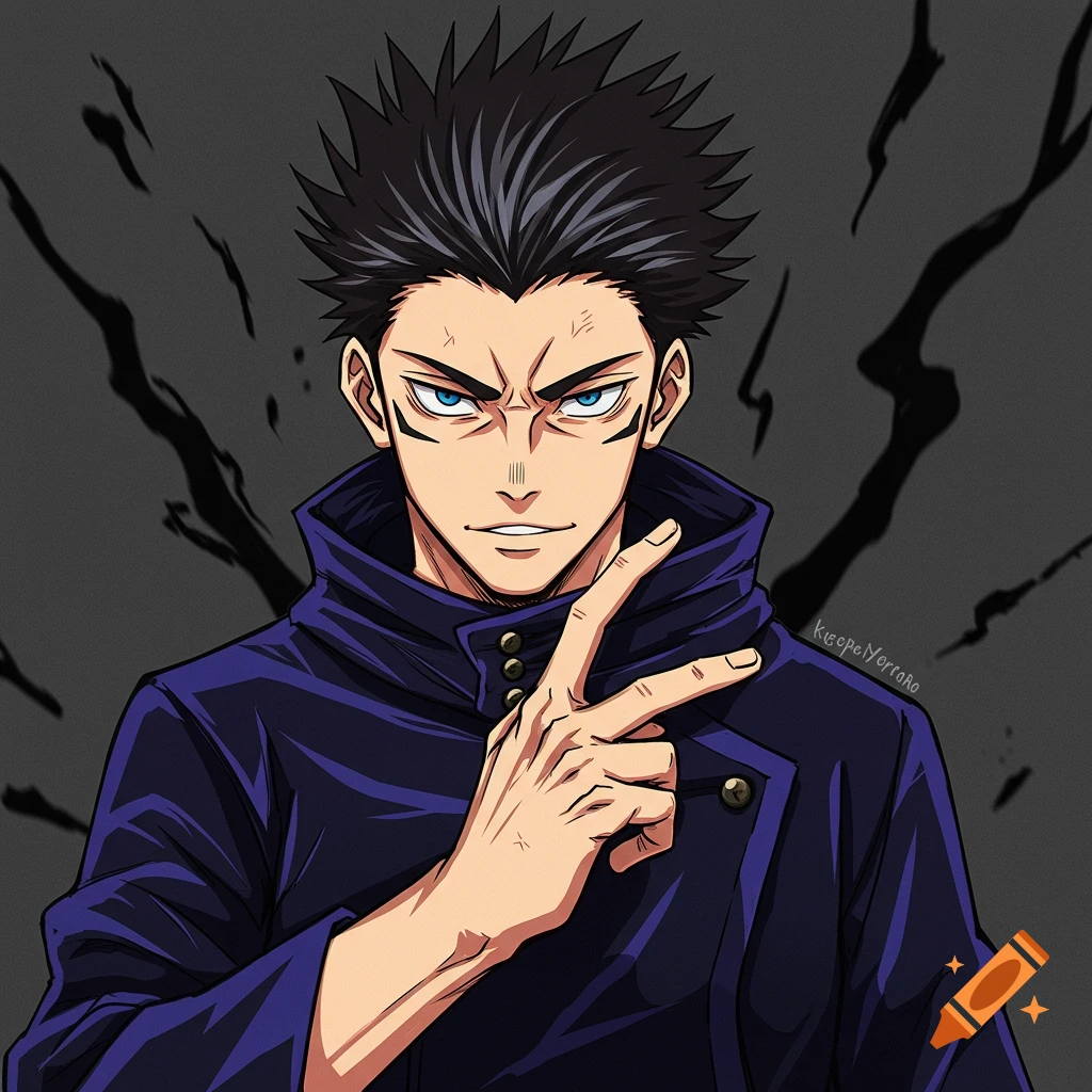 Anime portrait of a man with spiky black hair, blue eyes, and facial marks, wearing a dark coat and holding up a peace sign.