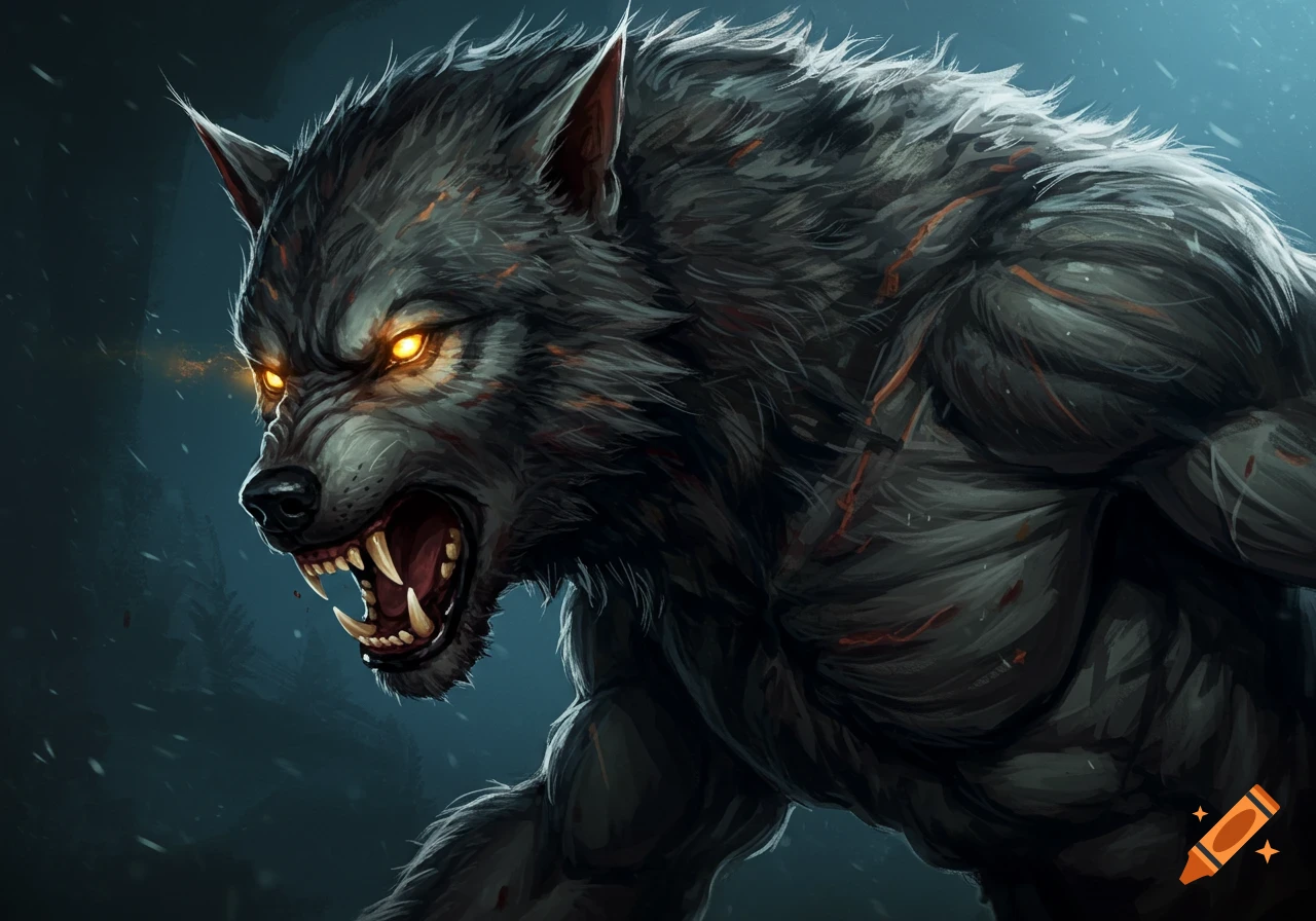 A snarling werewolf with glowing yellow eyes and sharp teeth.