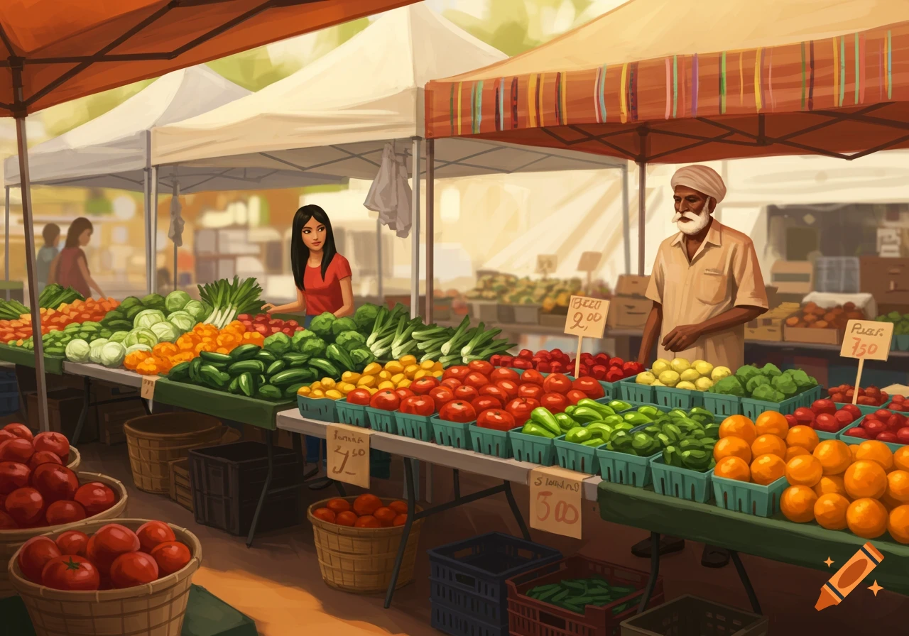 Illustrative scene of a bustling farmers market with vendors and customers browsing tables piled high with fresh produce under tents.