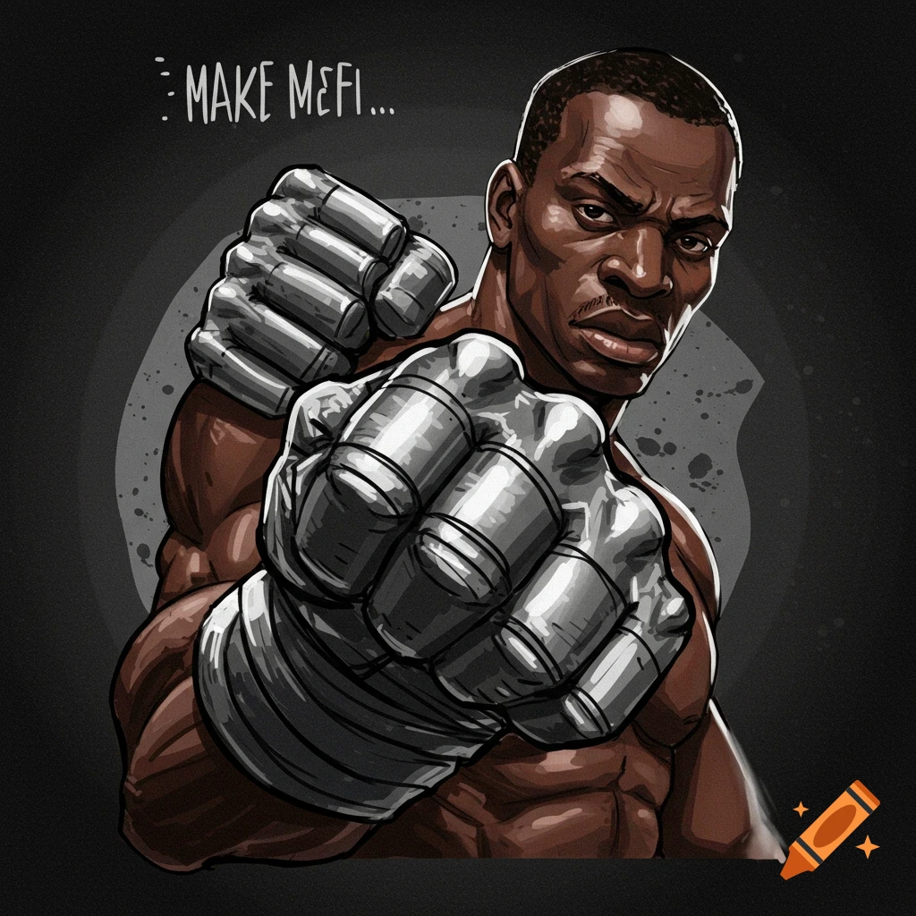 Illustration of a muscular Black man with metal fists.