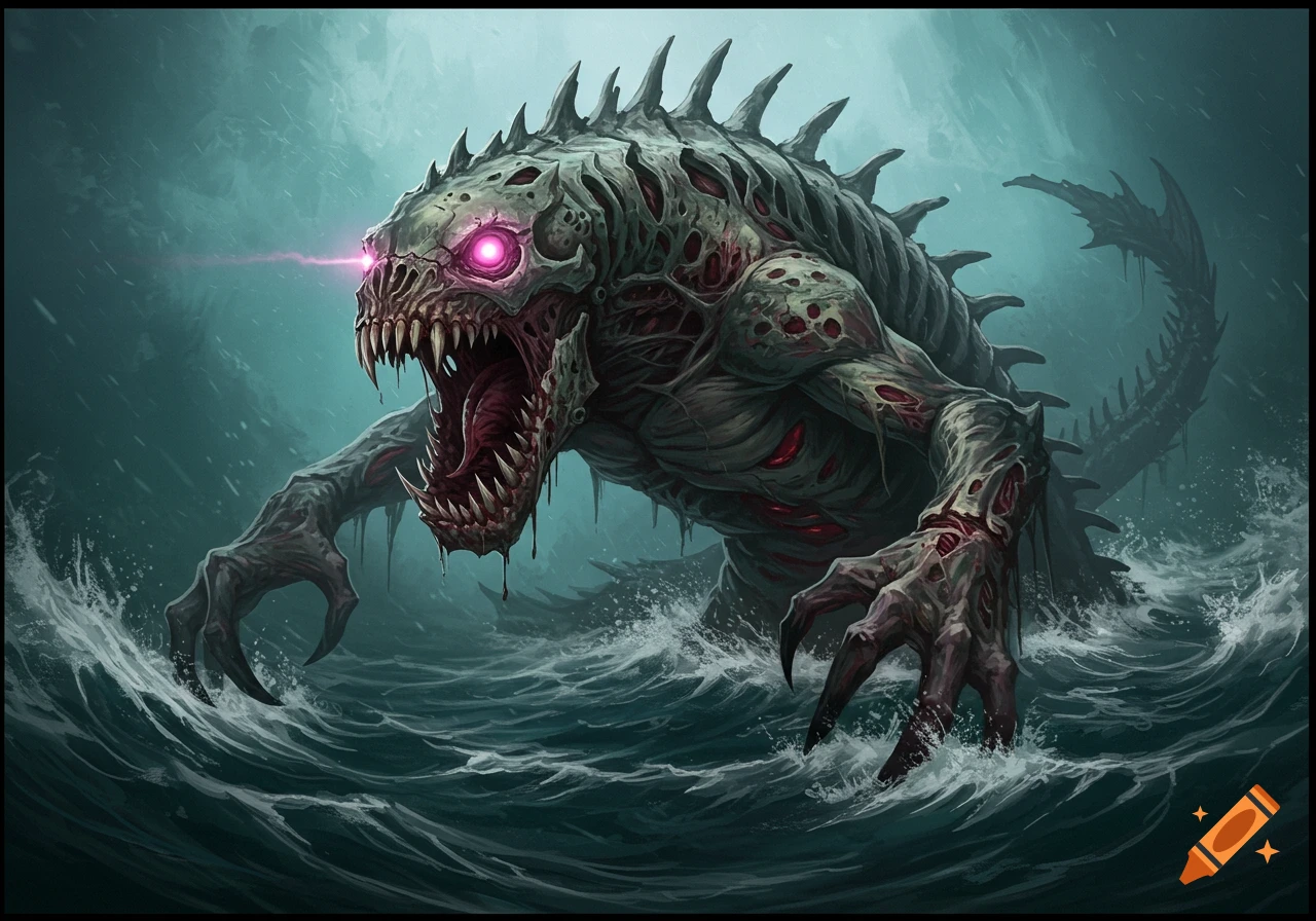 A zombified sea monster with pink eyes emerges from rough water.