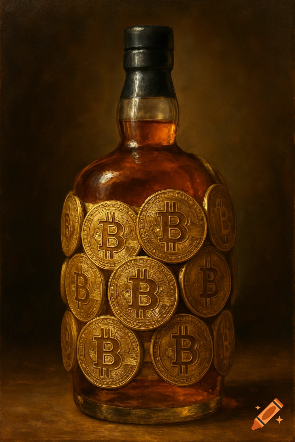 A still life painting of a bourbon bottle covered in gold bitcoin coins.