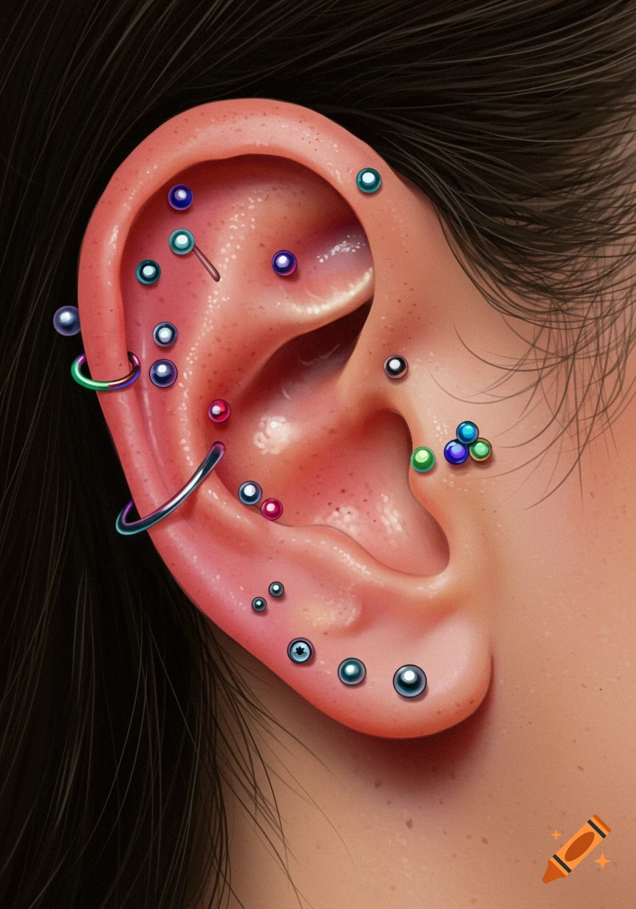 Close-up illustration of a human ear with multiple colorful piercings.