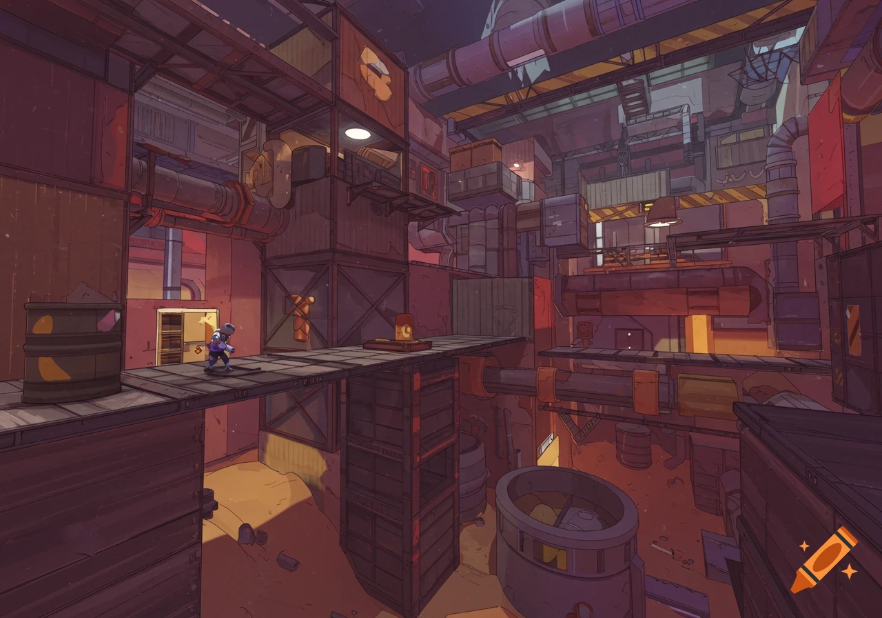 A stylized, industrial game environment with platforms, pipes, and a small figure on a walkway.
