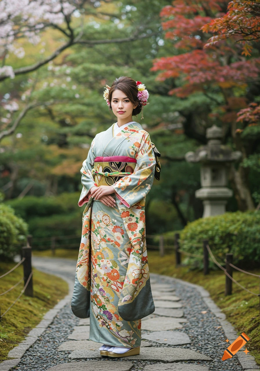 Woman in kimono walking on a stone path in a Japanese garden